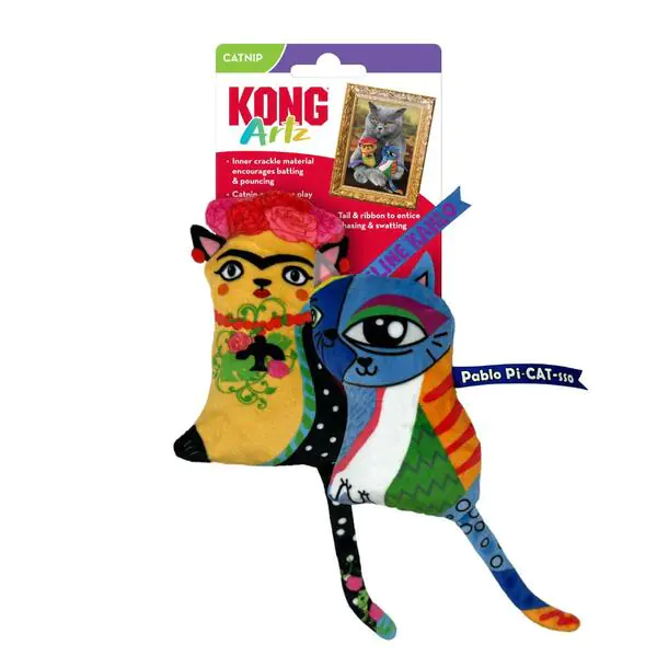 PELUCHE KONG F ARTES X 2 KAHLO PICASSO KONG  x 2 Juguetes con un diseño artístico inspirado en el cubismo, ideales para estimular los instintos naturales de caza y juego de los gatos. Su textura ligera y relleno con hierba gatera los hacen irresisti